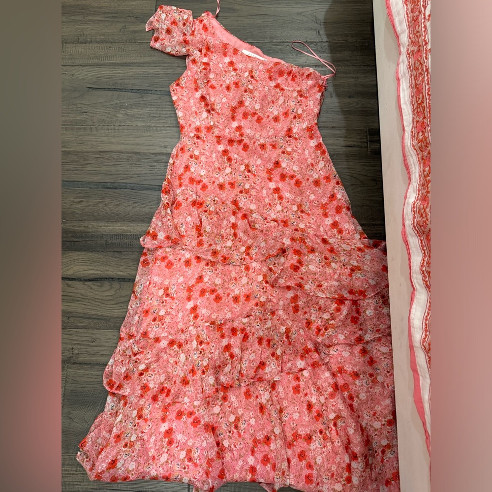 Astr Coral Floral One-Shoulder Dress
